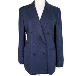 LAUREN Ralph Lauren Navy Linen Double Breasted Blazer Size 6 Relaxed Fit